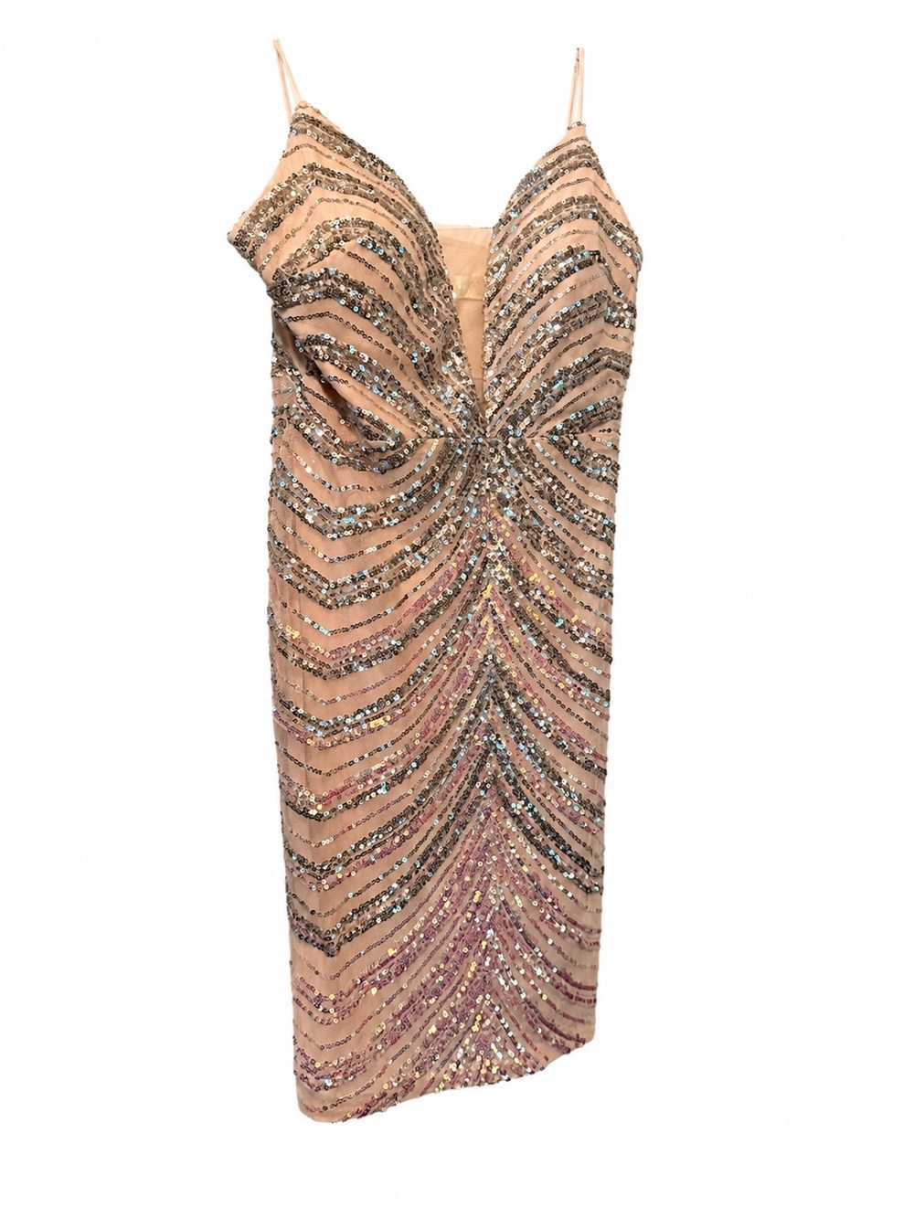 Sequin-Striped Nude Midi Slip Dress